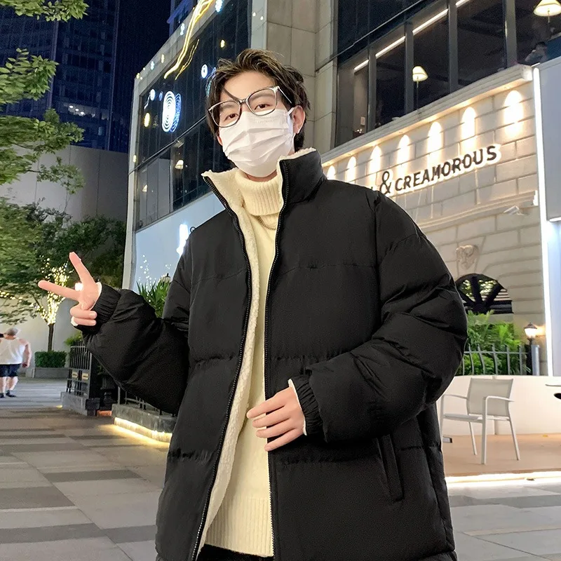 

New Winter Men's Warm and Cold Resistant Cotton Jacket with Stand Up Collar, Plush and Thickened Warm Lamb Cashmere Fashionable