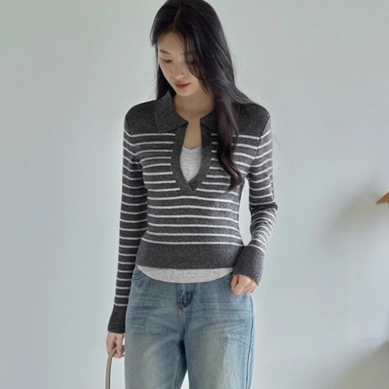 Sueter Feminino Turn Down Collar Striped Knitted Sweater Women Pullovers New Long Sleeve Knit Sweater Pullover Women Tops Q2113