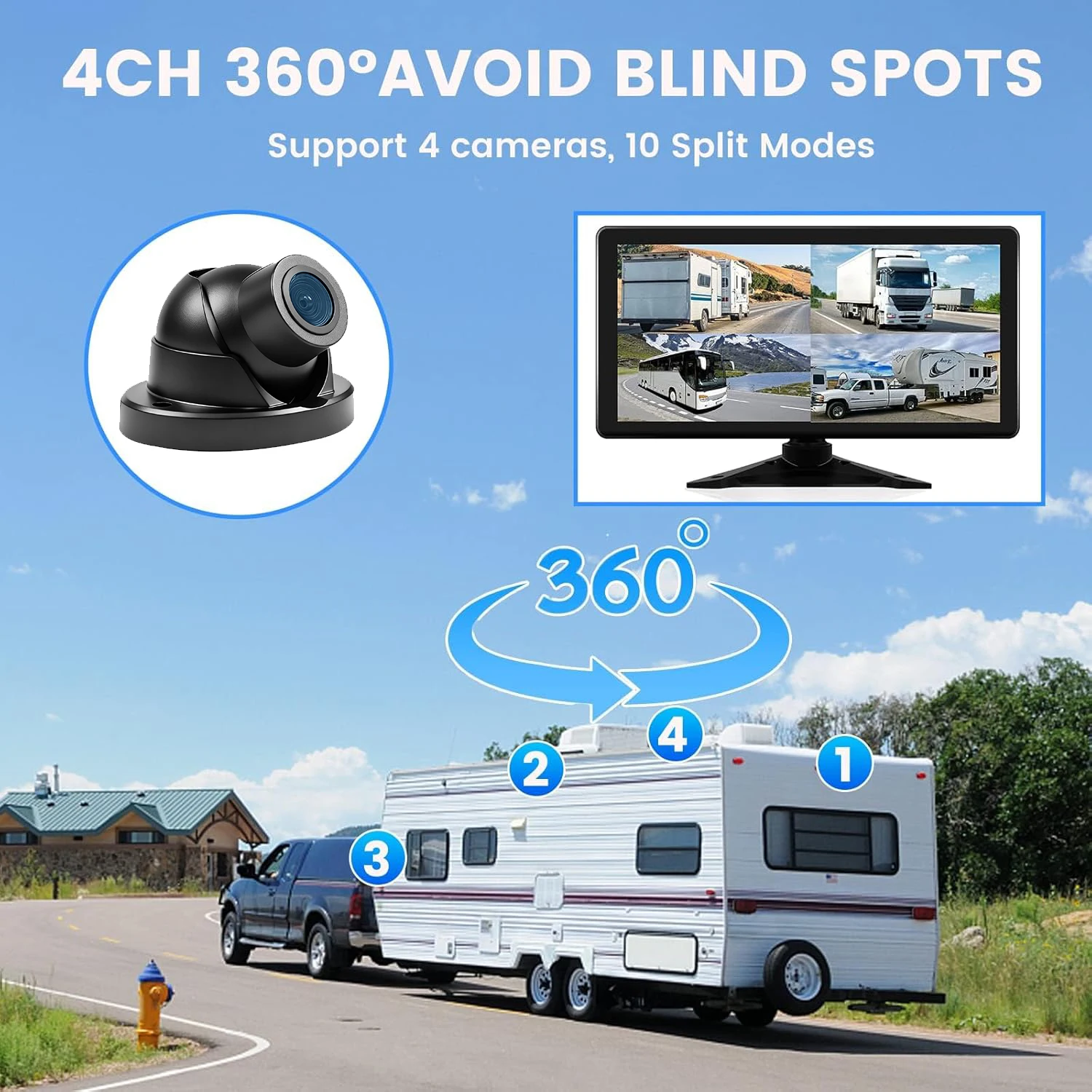 4K RV Backup Camera System 10.36' Quad Split Touch Screen Monitor 1080P Rear Side View Cameras for Truck Trailer Camper Van
