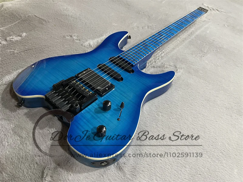 Headless Electric Guitar Blue Body Flamed Maple Top Cream Binding Blue Fingerboard High Quality Bridge