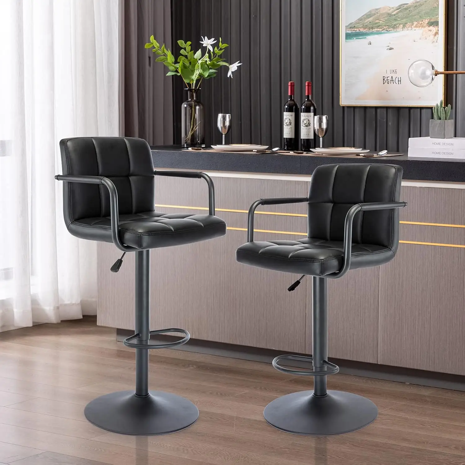 Vogue Furniture Direct Modern PU Leather Square Bar Stools, Adjustable Swivel Barstools with Back and Arms, Airlift Counter