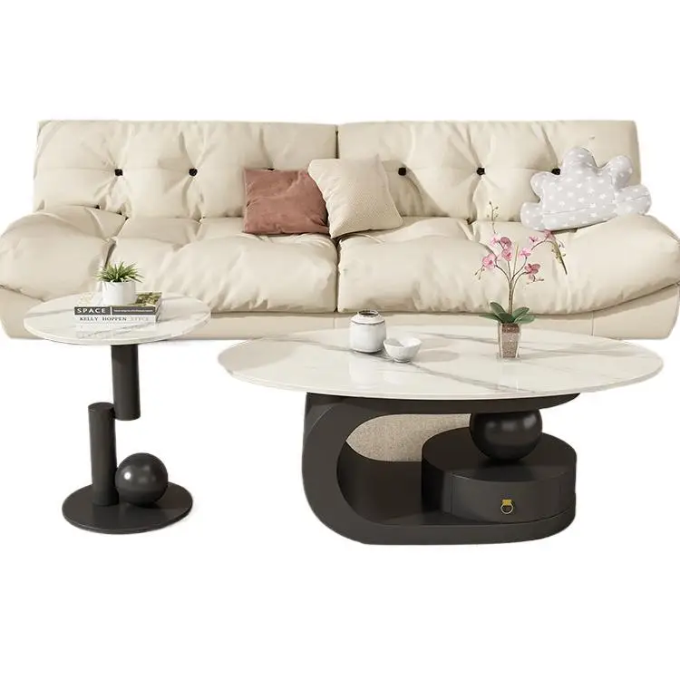 

Light luxury cream slate coffee table home living room modern combination oval