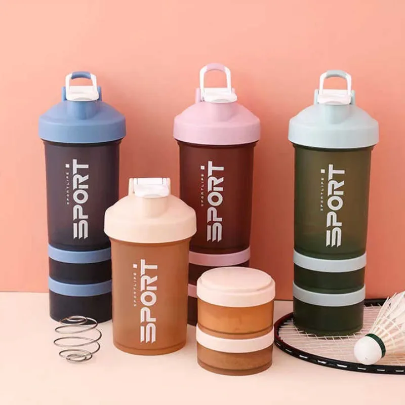 450ml Plastic Water Bottle Three Layer Protein Powder Shaker Large Capacity Stirring Cup Portable Exercise Shaker Spring Cup