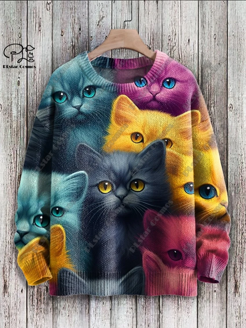 PLstar Cosmos-Cute 3D Impresso Cat Sweater, Padrão engraçado, Suéter feio, Série Animal, Casual e Engraçado, Unisex, Inverno, Novo, M-14