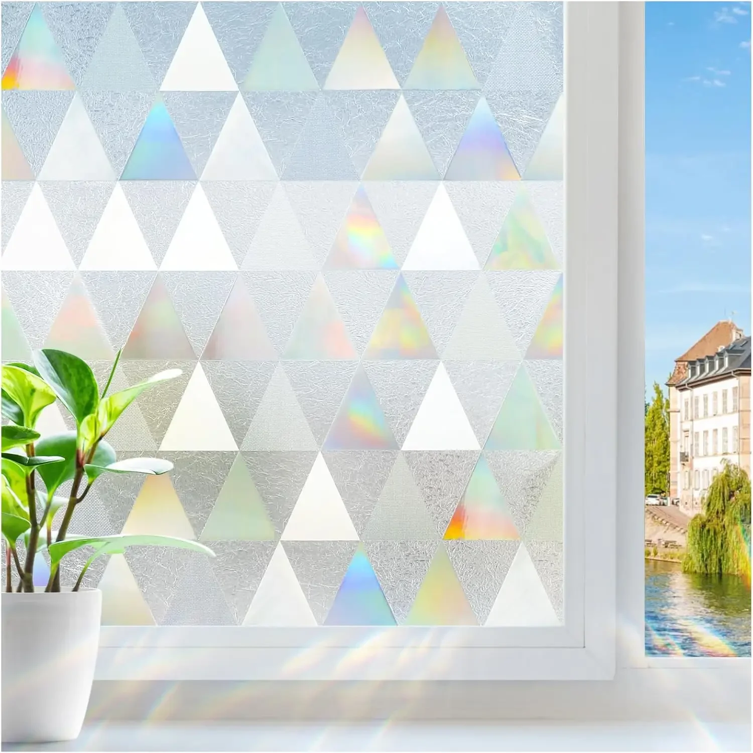 Window Privacy Film 3D Geometric Triangle Rainbow Static Cling, Anti-UV Heat Reducing No Glue Glass Sticker for Home Bathroom