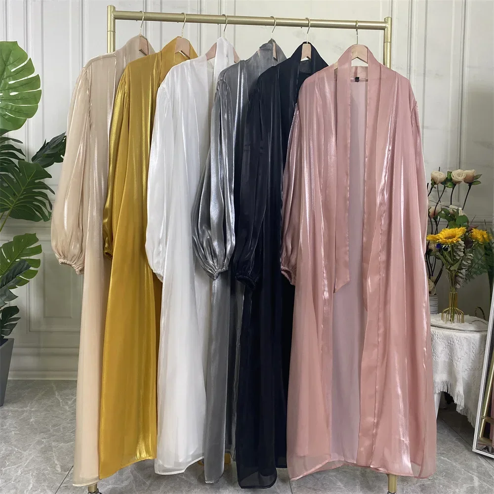 White Satin Abaya Kimono Shiny Silk Stretch Balloon Sleeve Muslim Dress Saudi Open Abayas for Women Dubai Turkey Islam Cardigan