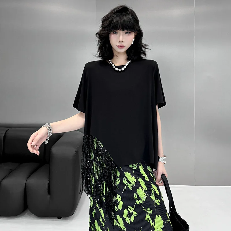 Tannt femmes t-shirt asymétrie gland Patchwork longue t-shirt hauts irrégulier noir décontracté mode ample longue femmes t-shirt 2025 nouveau