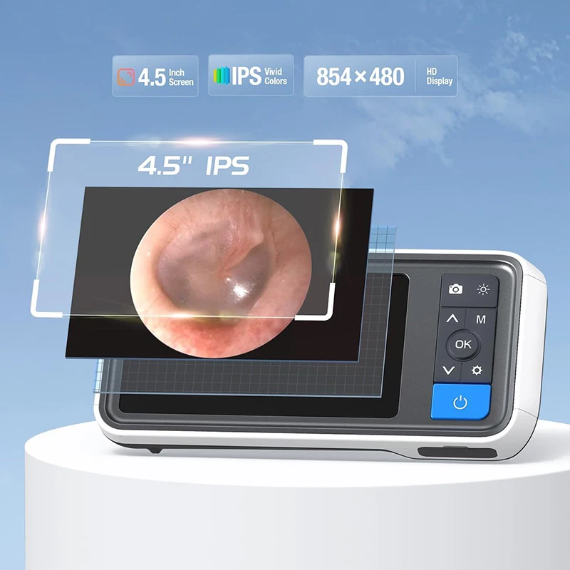 4.5 Inch IPS Color Screen Digital Otoscope 1.0MP 1080P HD 3.9mm Lens Ear Inspection Camera 6 LEDs IP67