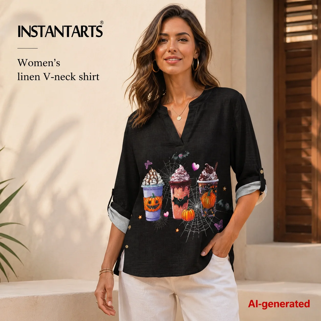 INSTANTARTS Black Shirt Women's Linen V-Neck Shirt Chic Women Blouse big Size Women Elegant Shirts Party Blouses Halloween S-3XL