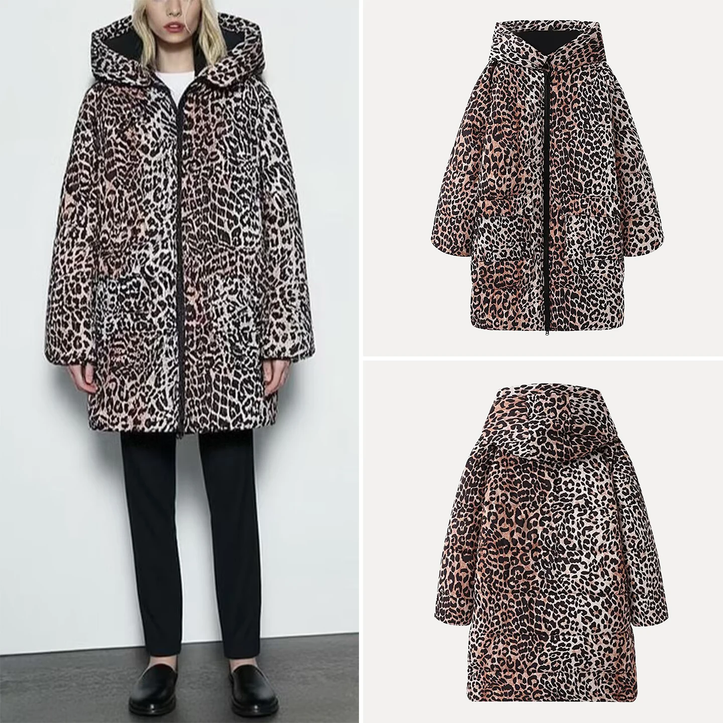 2025 Summer New Faion Women's Long Coat Leopard Print Warm Sli Cotton Jaet Z Commute Loose Fit Zipper Hooded