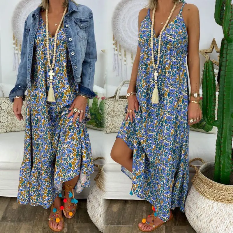 Frauen Boho Blumen Maxi kleid Party Riemchen Baumwolle Kleid Sommer Strand Urlaub Spaghetti träger Sommerkleid plus Größe 3xl 4xl 5xl