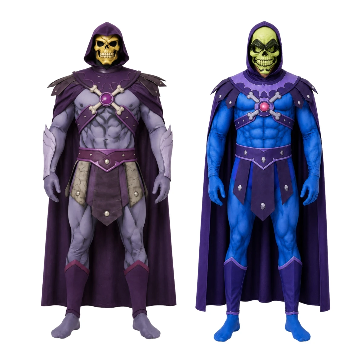 Image of AwwwCos Skeletor Cosplay-Kostüm, bedruckter Ganzkörperanzug, lila Kapuze, Umhang, Gürtel, komplettes Set für Halloween, Film, Karneval, Party