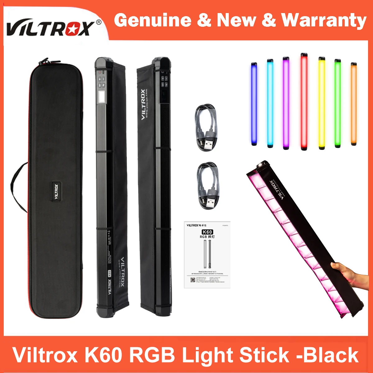 

VILTROX K60 RGB Light Stick 2500K-8500K 20W Управление через приложение 95+ CRI Портативный заполняющий свет для прямой трансляции видеоблогов