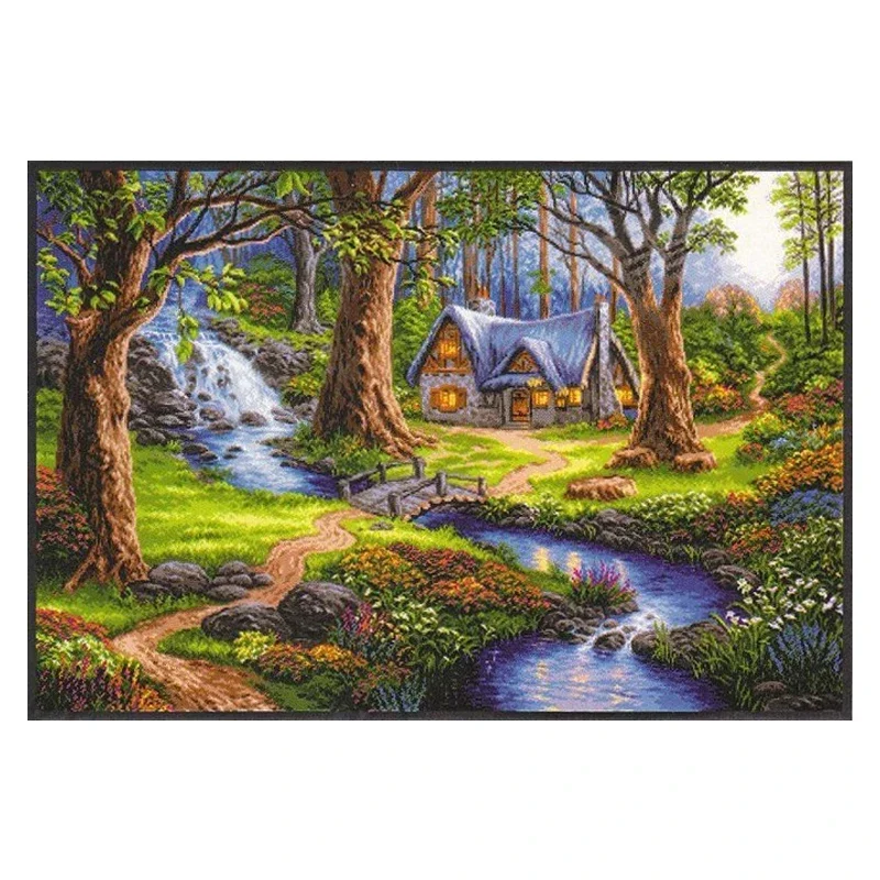 Amishop Gold Collection Counted Cross Stitch Kit Magical Summer Forest Creek And Hut Cabin Landscape Scenery GB 837