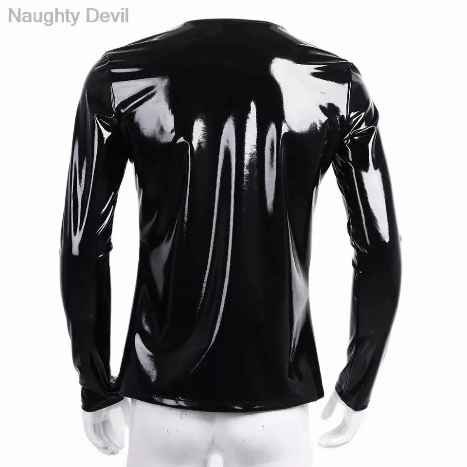 Mens Sexy Glossy PVC Leather Long Sleeve Shirt Erotic Shaping Latex Casual Coat Male Shiny Metallic Patent Leather for man