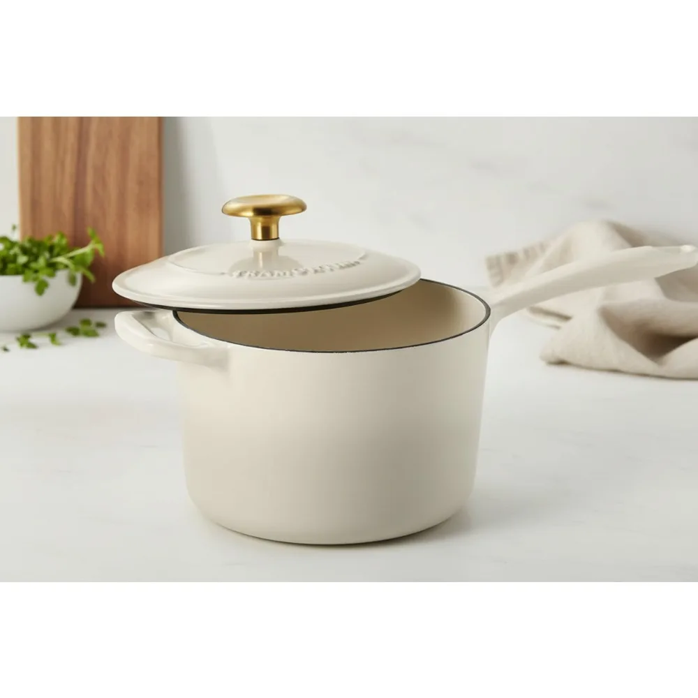 

Эмалированная чугунная кастрюля премиум-класса с крышкой, 2,5 литра, золотая ручка латте — ровный нагрев, антипригарное покрытие, безопасная для духовки для домашних повара