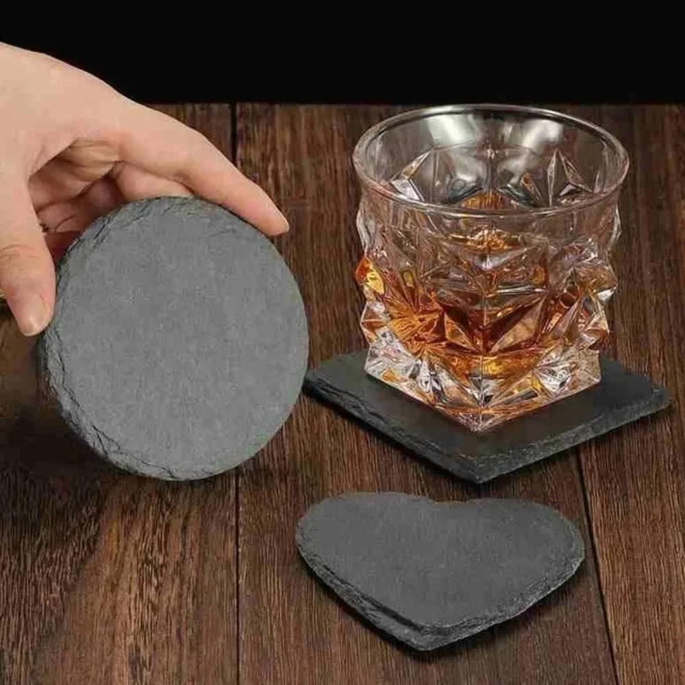 Natural Slate Stone Coaster Round Square Heart Shape Black Cup Mat Heat Insulation Japanese Style Tableware Carved Coaster