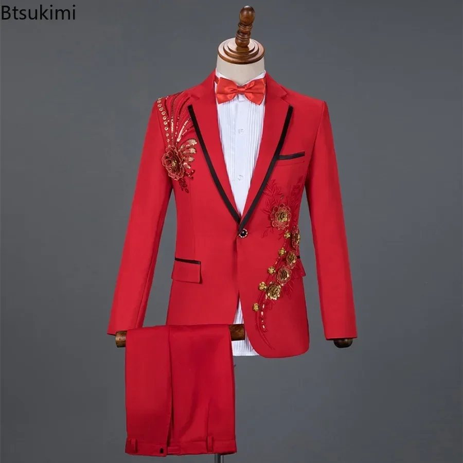 2025 Fashion Sequin Embroidery Suit Men Wedding Groom Tuxedo Suits and Pants 2PCS Sets New Men Single Button Lapel Stage Costume