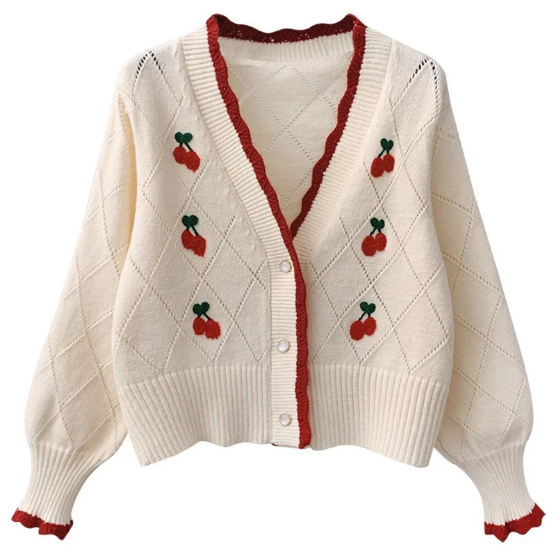 Cartoon Cherry Sweet Knitted Cardigan Women Basics V-Neck Cardigan Female Long Sleeved Knitted Loose Cardigan Autumn Winter