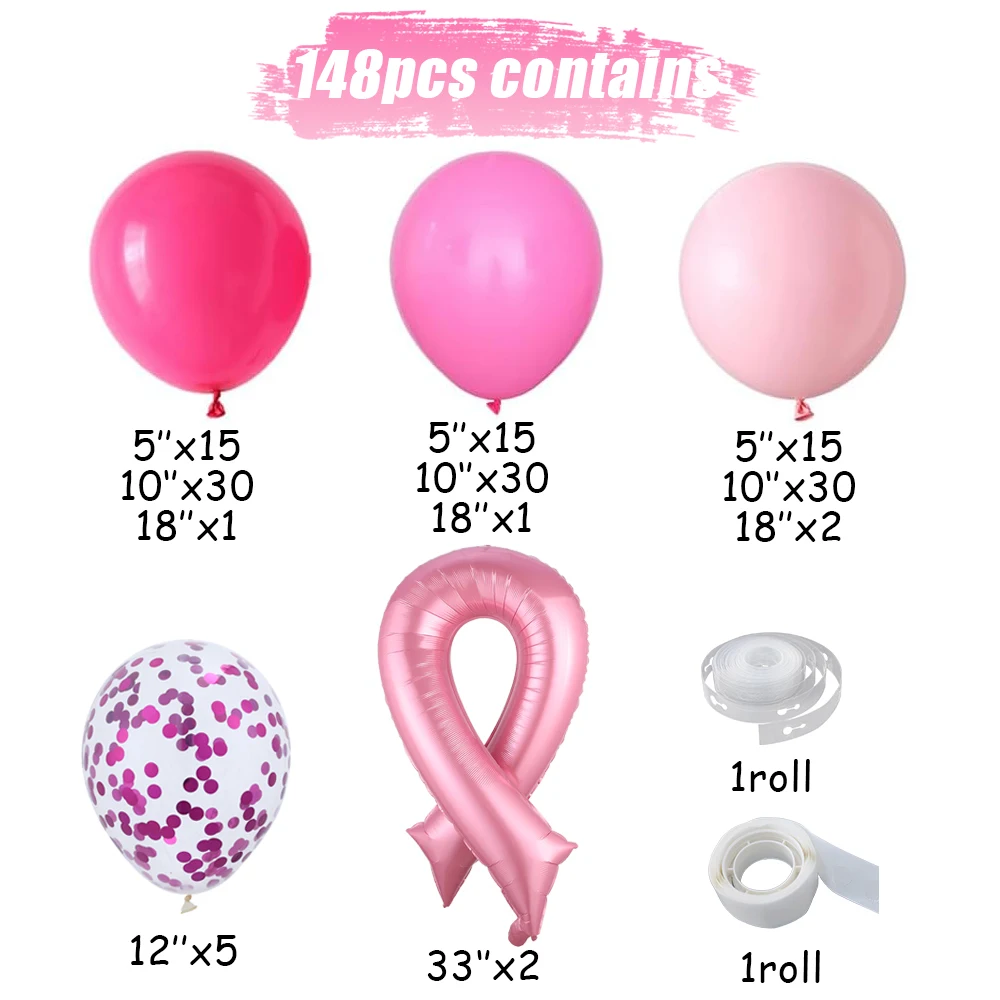 133Pcs Breast Cancer Awareness Party Decor Pink Ribbon Balloon Garland for Women Breast Cancer Charity Fundraiser Party Supplies