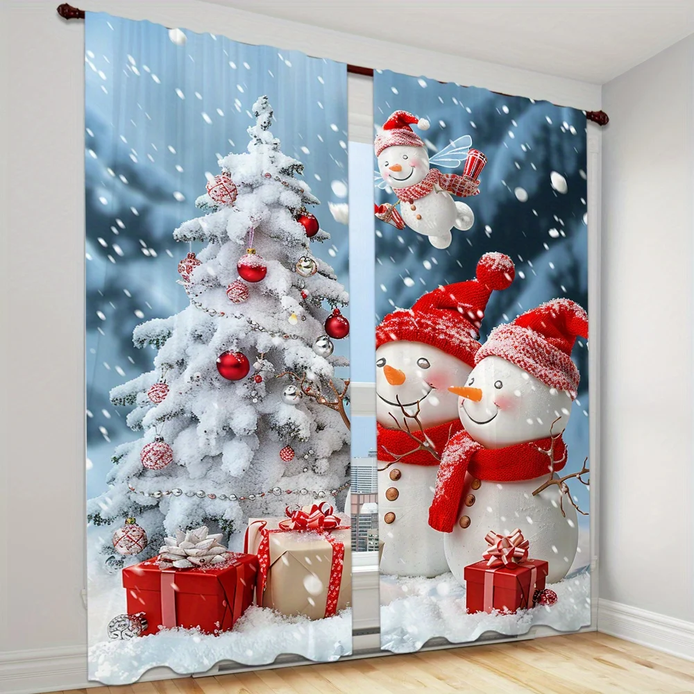 2-Piece Christmas Snowman Curtain Set Merry Christmas Theme Rod Pocket Design For Easy Hanging For Bedroom Living Room Kitchen