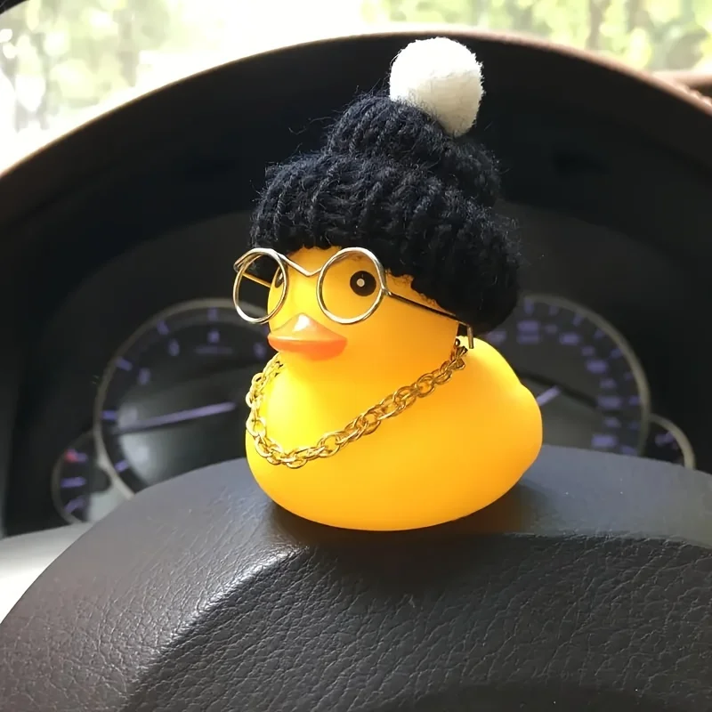 

1PC cute yellow duck car ornament with black knitted hat and glasses, car decoration, holiday gift