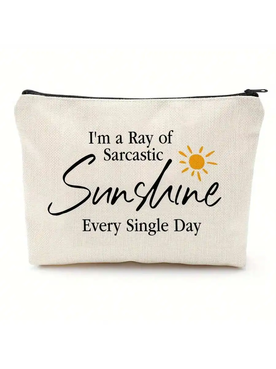Bolsa de maquillaje sárdastica Ray Of Sunshine, divertida bolsa de cosméticos con texto negro, sol amarillo, cierre de cremallera de lona natural