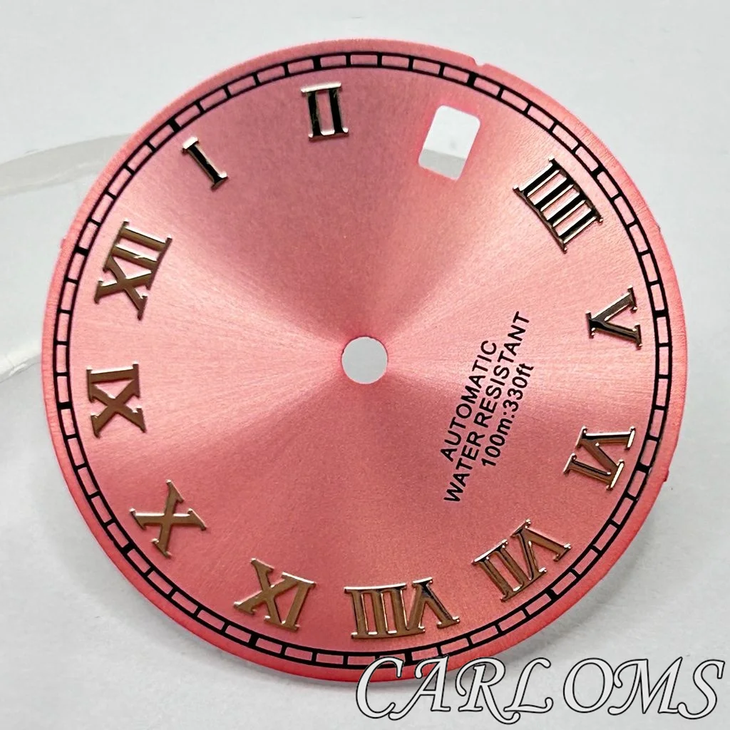 TOP 29mm NH35 NH36 4R35 4R36 Pink Sterile Watch Dial Date At 3 O'clock Case Crown Movement