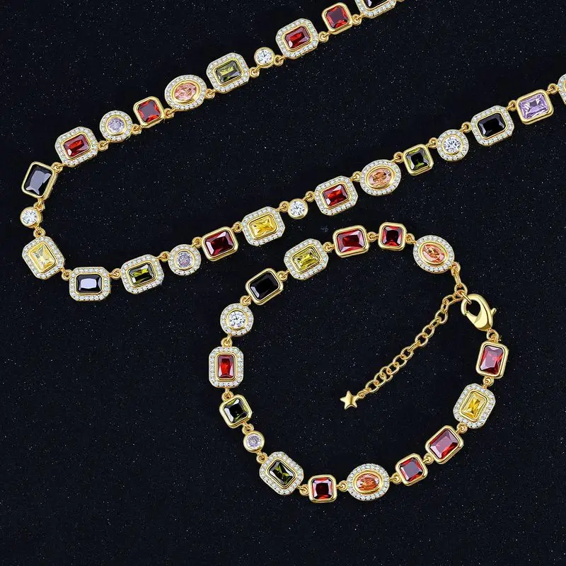 Luxury street hip hop men multi color gem tennis set adjustable necklace bracelet for rapper banquet and casual night occasions