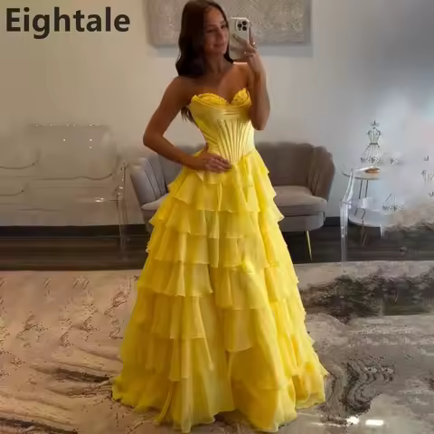 Eightale Customized Corset Chiffon Tiered Ruffles Yellow A Line Slit Evening Dress Celebrity Formal Party Gown Prom Dress