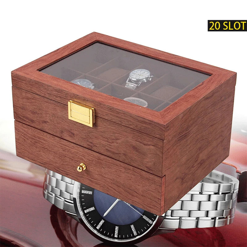 20 Slots Rosewood Watch Display Box Case Jewelry Watch Storage Organizer Acrylic Top Lid for Shop Dressing Table