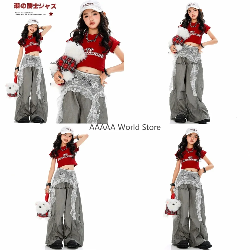 

Kpop Hip Hop Dance Costume White V Neck Crop Top with Gray Wide Leg Pants Girls Jazz Cosplay Outfit