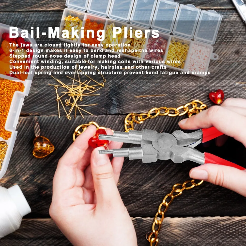 6-in-1 Bail Making Pliers Round Mouth Non-Slip Comfort Grip Handle Jewelry Making Pliers 3mm to 9.9mm Loops Carbon steel