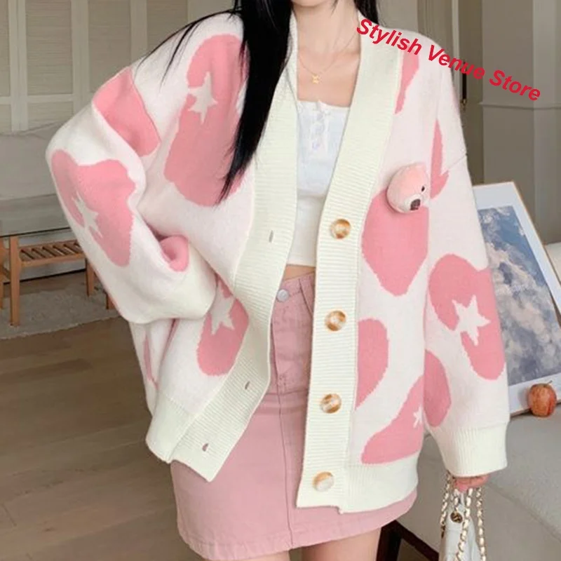 French gradient contrast color V-neck cardigan jacket women's autumn and winter soft waxy loose lazy wind leisure padded sweater