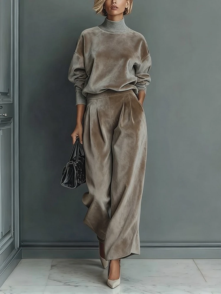 2026 Women Casual Warm Sportswear Set Velvet Long-sleeved Solid Color High-neck Wide-leg Pants Fashion Spring Autumn New Style