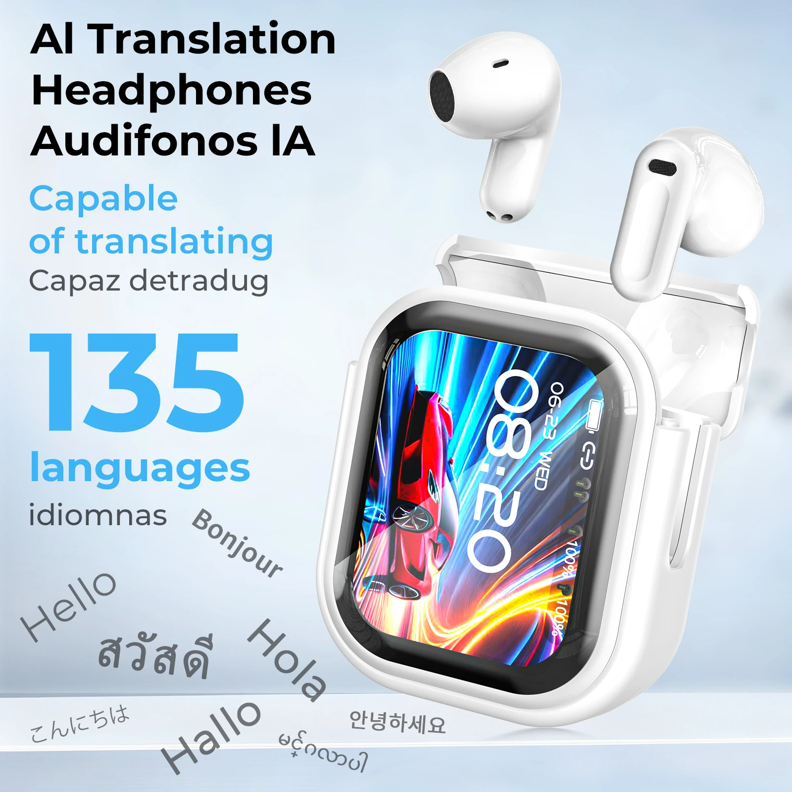 Auricolari NE20 Con Traduzione AI In Tempo Reale – 140 Lingue, Touch Screen LCD, Cancellazione Rumore 48dB, Audio HD, IPX6, Batteria 48 Ore