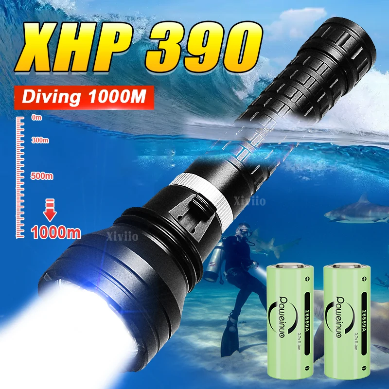 XHP390 Professional Diving Flashlight 26650 Rechargeable Underwater Lantern Diving 1000m XHP70 Underwater Searchlight Scuba Lamp