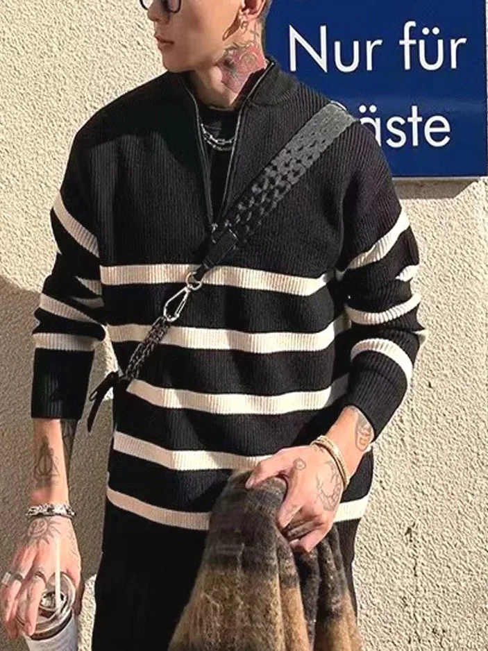 

Warm Wool Knitted Zipper irt Men's Striped Loose Long Sve Stand Collar Thermal Base Layer irt Casual Youth Sle