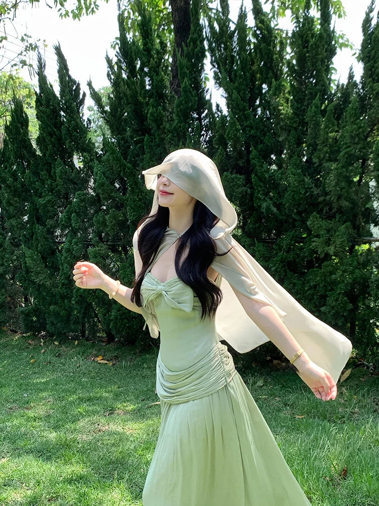 

Vacation Wear Women's Heavy Embellished Pure Desire Sexy Backless Strap Dress Sunscreen Cover up Shawl Two Piece Set