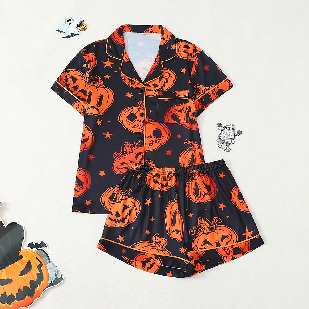 

2Pcs Women Halloween Funny Print Pajama Loose Comfortable Short-sleeve Shirt Shorts Set Summer Breathable Loungewear For Women