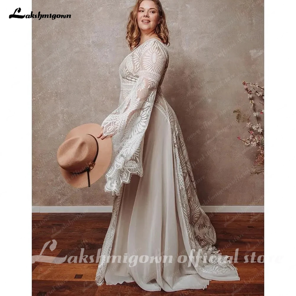 Lakshmigown Bohemian Boho Hochzeitskleid aus Spitze und Chiffon mit langen Ärmeln, offenem Rücken, V-Ausschnitt, Übergröße, Vestidos De Novia, maßgeschneidert. – Detail 7