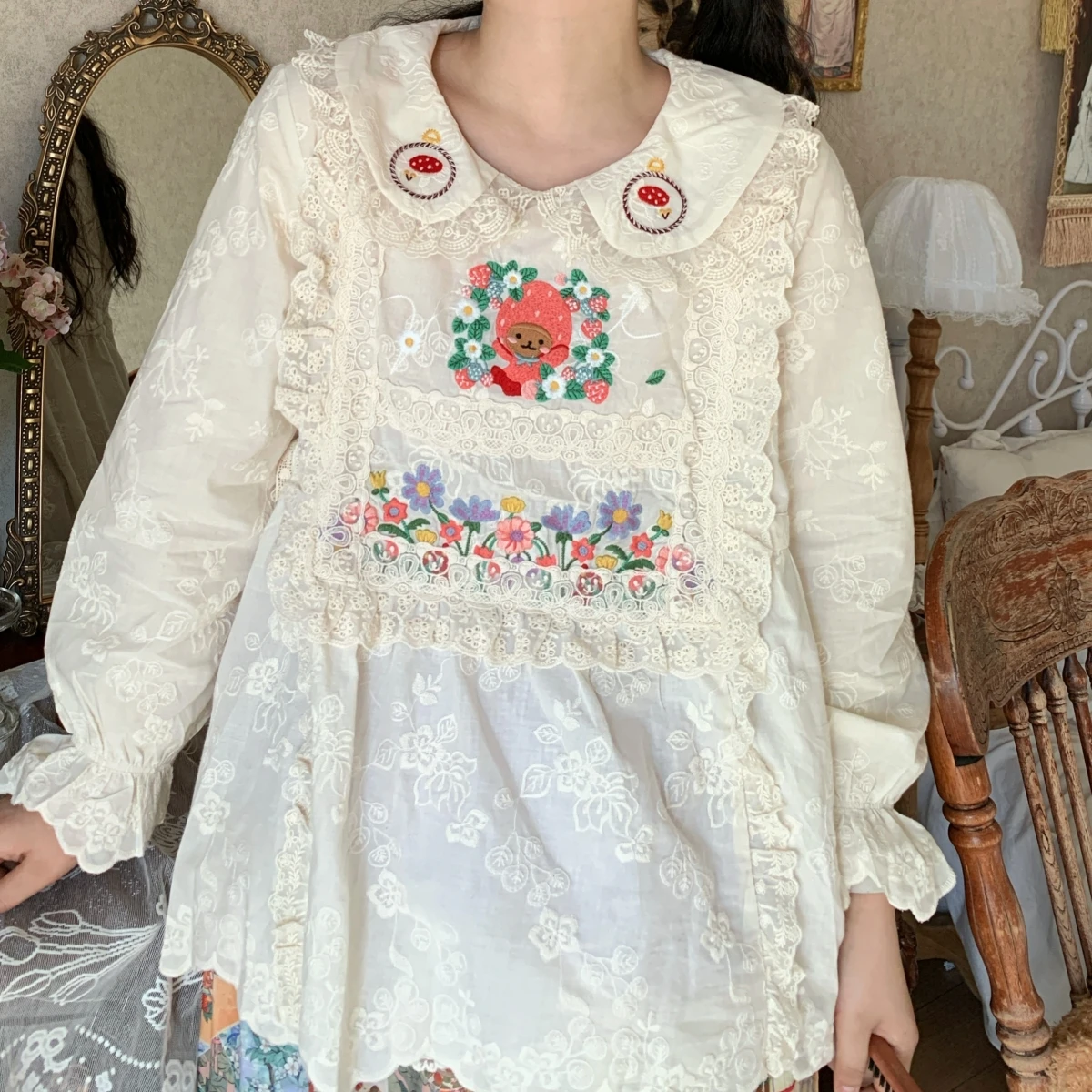 Cotton Ruffled Lace Floral Embroidery Babydoll Blouse for Women Vintage Retro Chic Cottage Core Victorian Rococo Lolita Tops