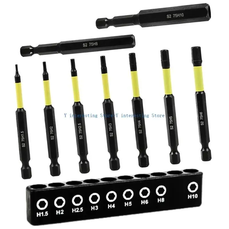 

896A 9pcs Metric Size Head Allen Wrenches Drill Bit Set H 1.5 to H10 75mm Length 1/4" Shank Impact Screwdriver Bit