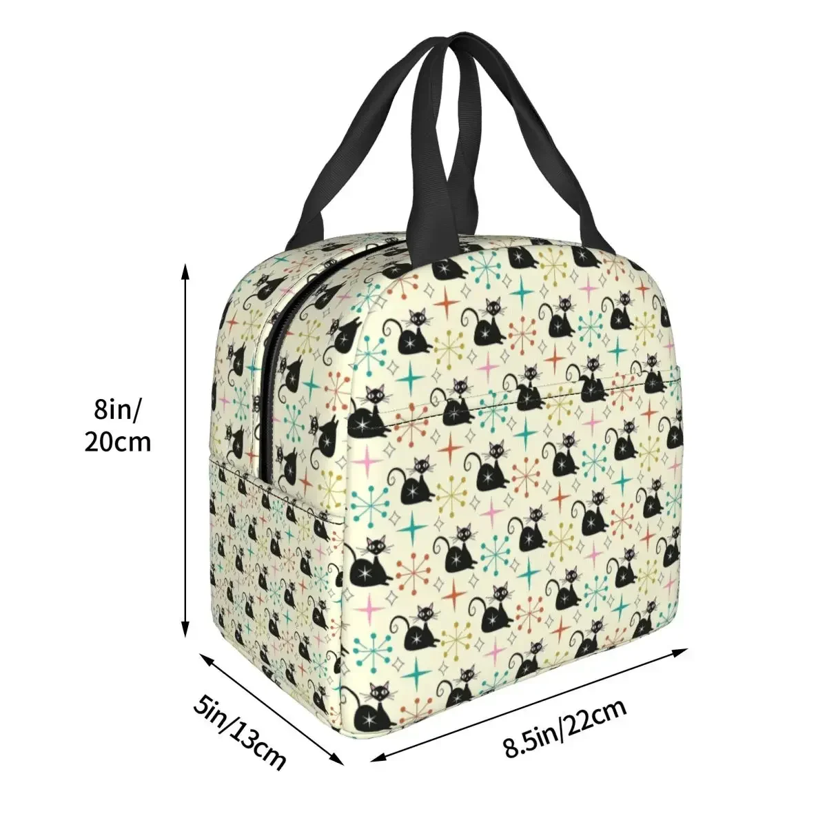 Mid Century Black Atomic Cat With Starbursts Insulated Lunch Bag for Women Children Portable Food Boxes Thermal Lunch Box Tote