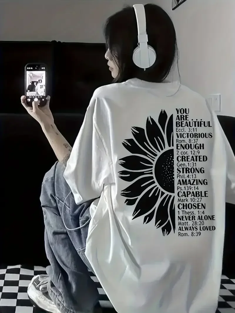

Plus - Size Women's White Oversized Short - Sleeve T - shirt, Sunflower & Inspirational Text Print, Soft & Comfy