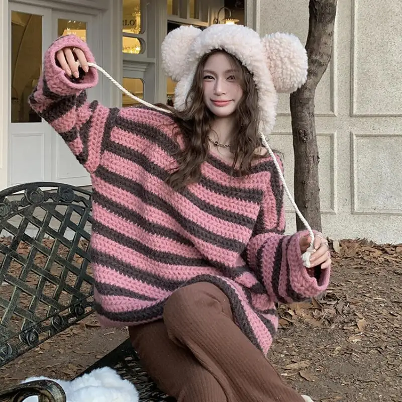 امرأة المتضخم سترة الخريف الشتاء الدفء القمم جديد رشاقته قارب الرقبة تريكو كسول الرجعية فضفاض موضة سويتر مقلم #6