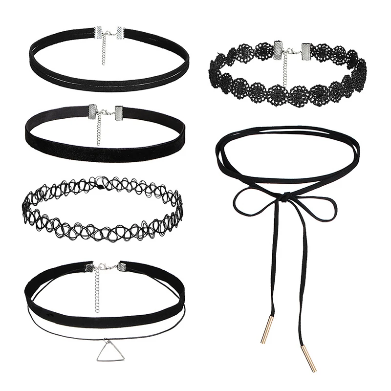 B*6Pcs/set Fashion  Gothic Tattoo Black Lace Leather Velvet Collier 90S Punk Style Choker Necklaces