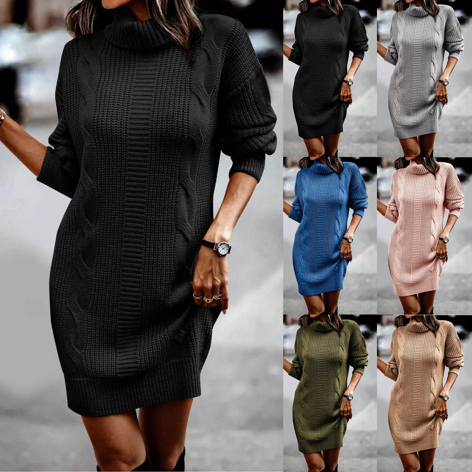 

Autumn and Warm Winter Pullovers Sweater Women 2024 Fashion Versatile Elegant Slim High Neck Long Sleeved Buttocks Wrapped Dress