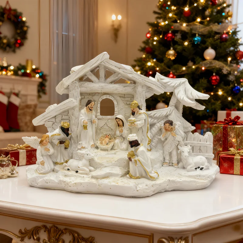 Christmas Nativity Scene Figurine，Classic Manger House Statue，Desktop Home Holiday Decoration Ornaments，Suitable for desktop