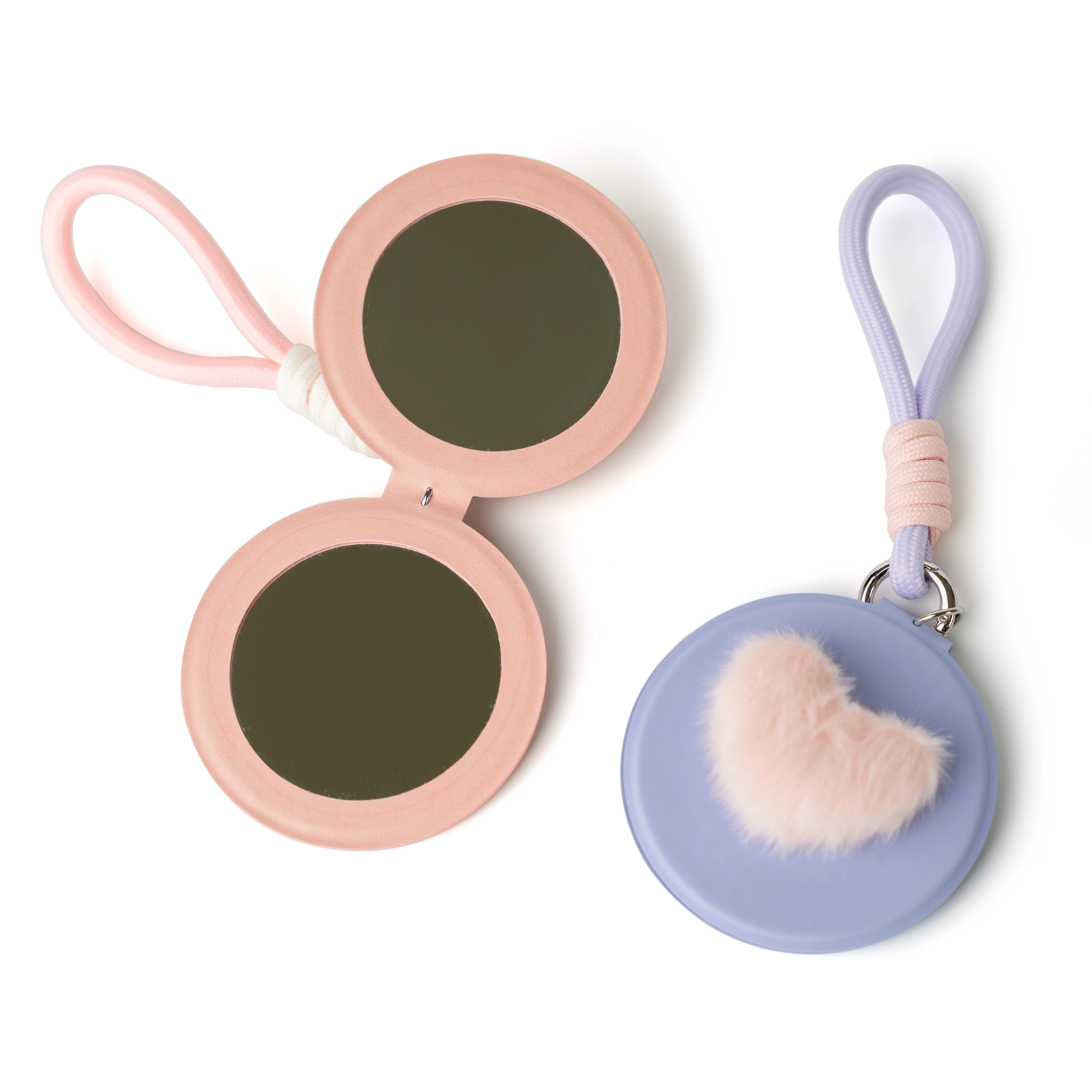 라운드 메이크업 거울 접이식 양면 화장품 거울 휴대용 러브 하트 PU 가죽 케이스 여성 여행 일상 사용